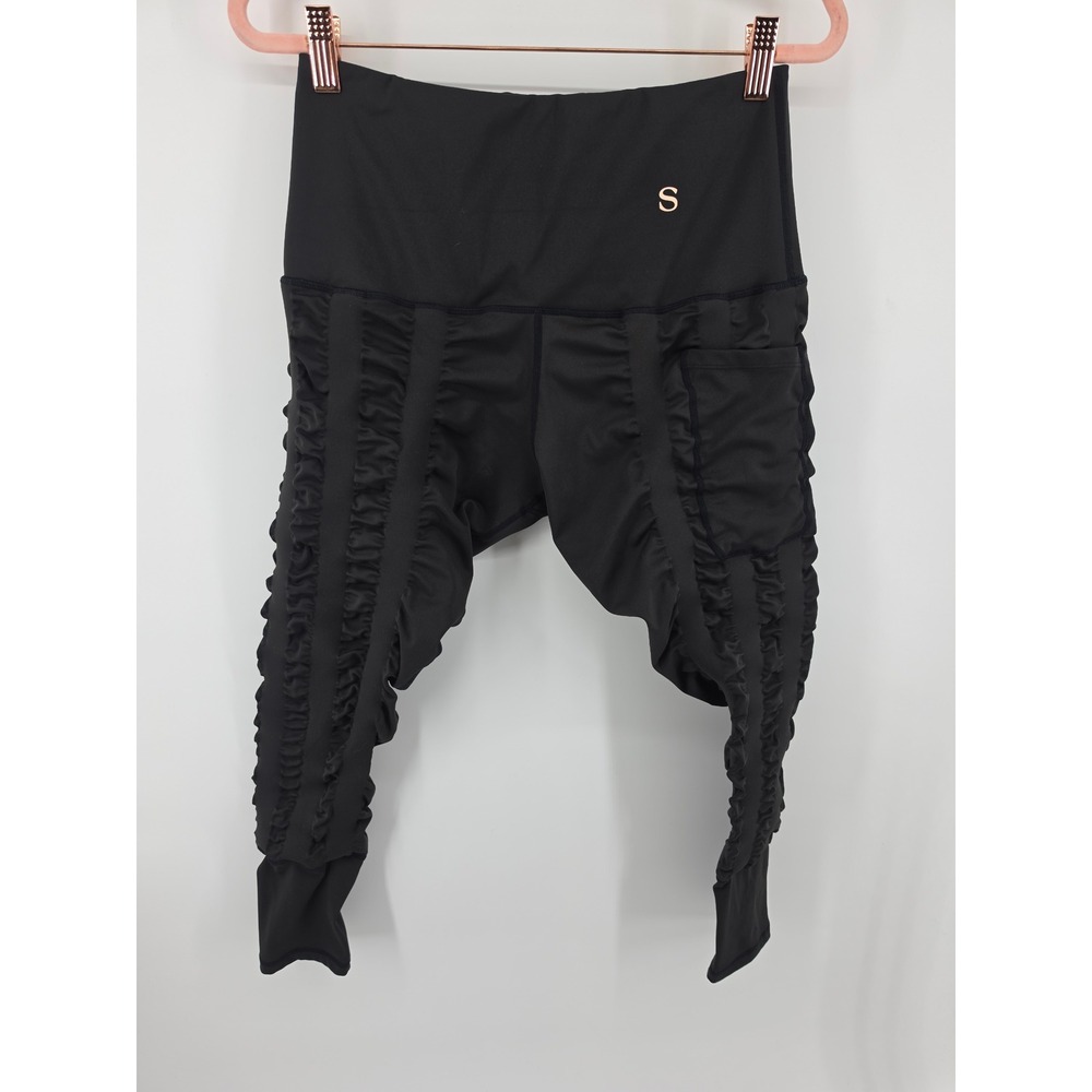Skinnify Womens Black Ruched High Waisted Activewear Leggings with Pocket Size M